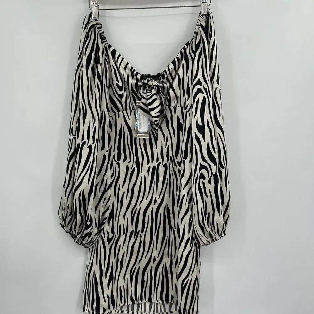 Boohoo Cream Black Zebra Print Volume Sleeve Mini Dress Size 4